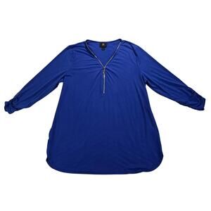 JM Collection Women’s Blue Zip-Neck Blouse Size Large  Zipper 3/4 Sleeve